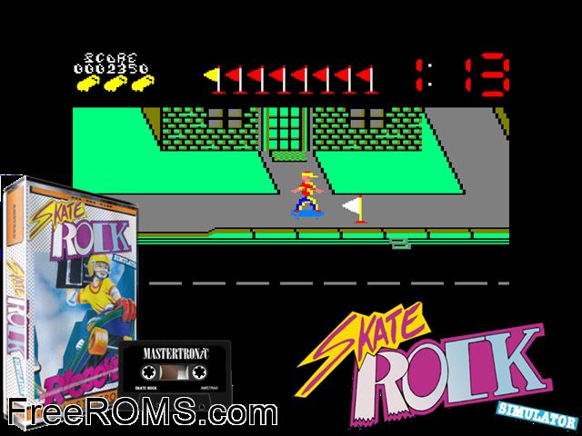 Skate Rock (UK) (1987) [t1] Amstrad CPC game showing 3D box cover and gameplay screenshot